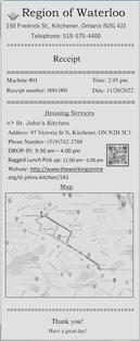 Printed receipt with address, contact details and a map